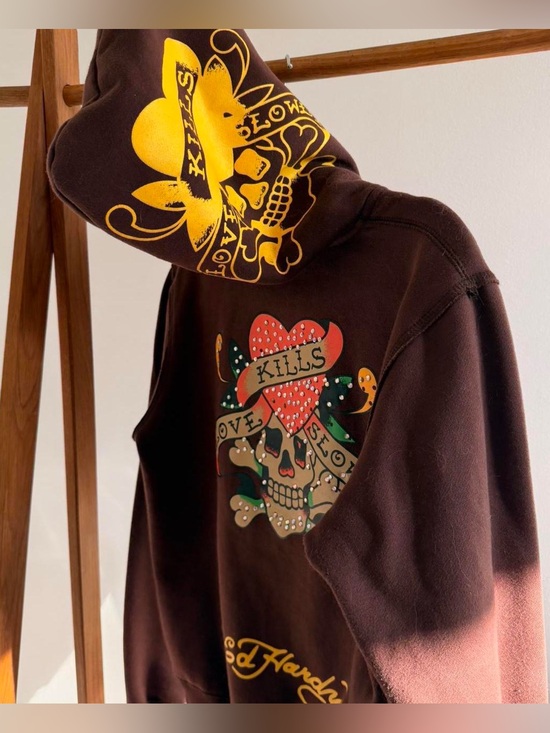 Christian Audigier Other - Ed Hardy Women’s Brown Graphic Hoodie - Heart & Skull Print